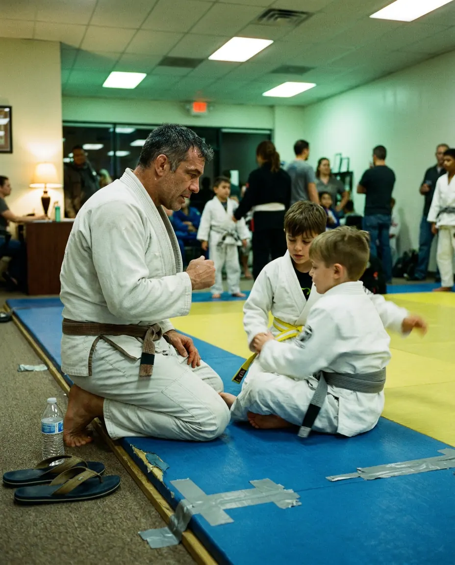 BJJAds founder coaching two children through a drill on the mat